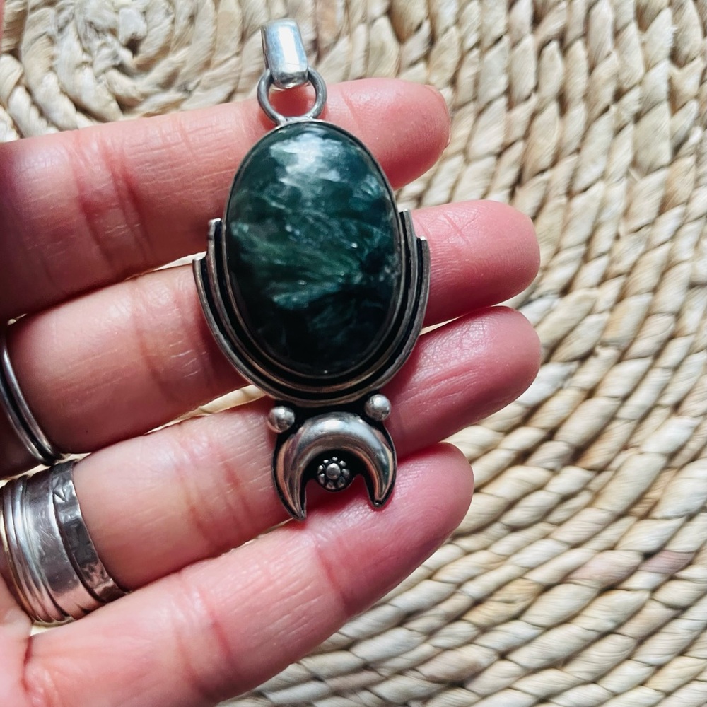 Seraphinite pendant is silver overlay moon pendant